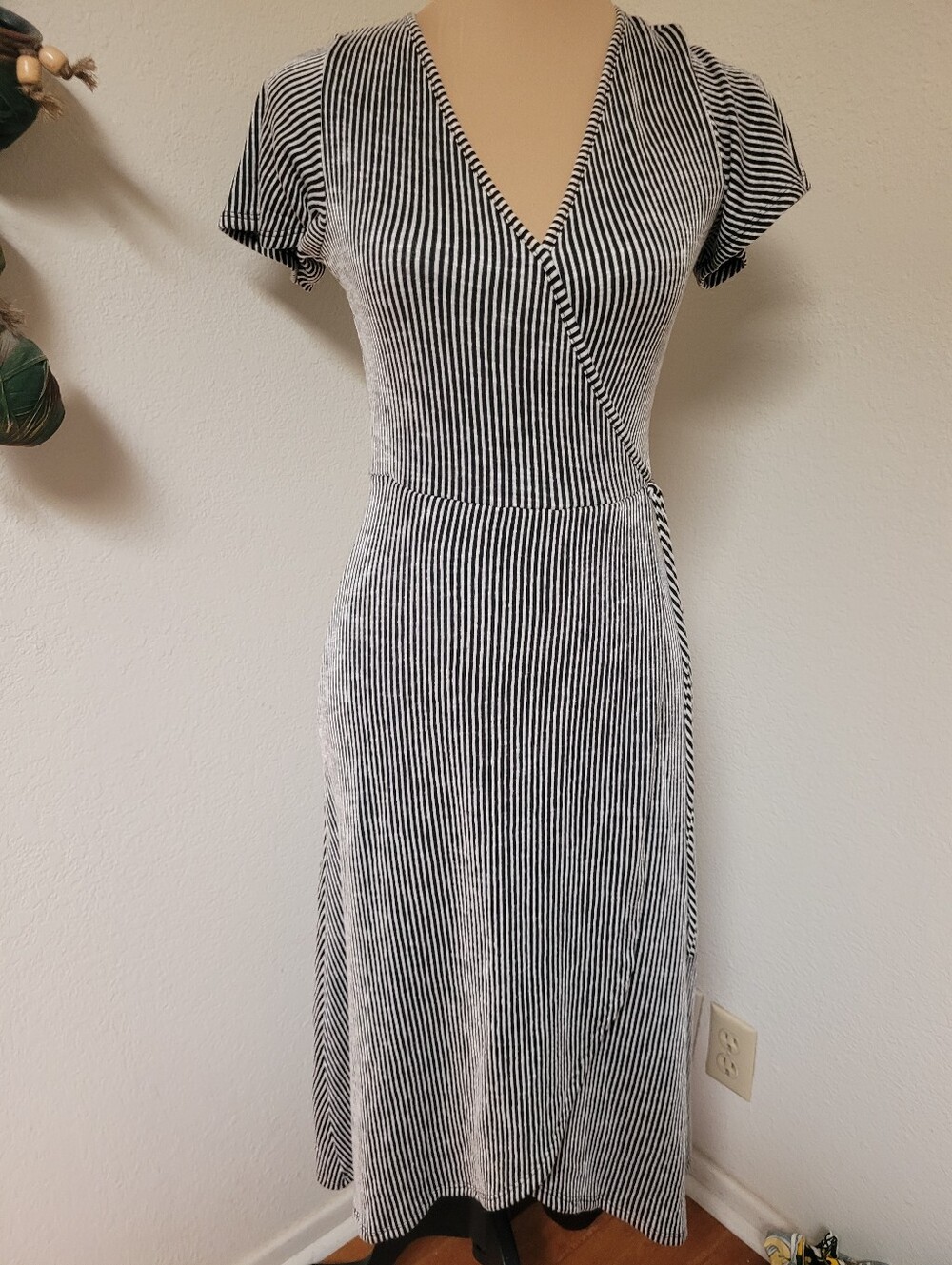 Caution To The Wind Black & White Striped Faux Wrap Dress